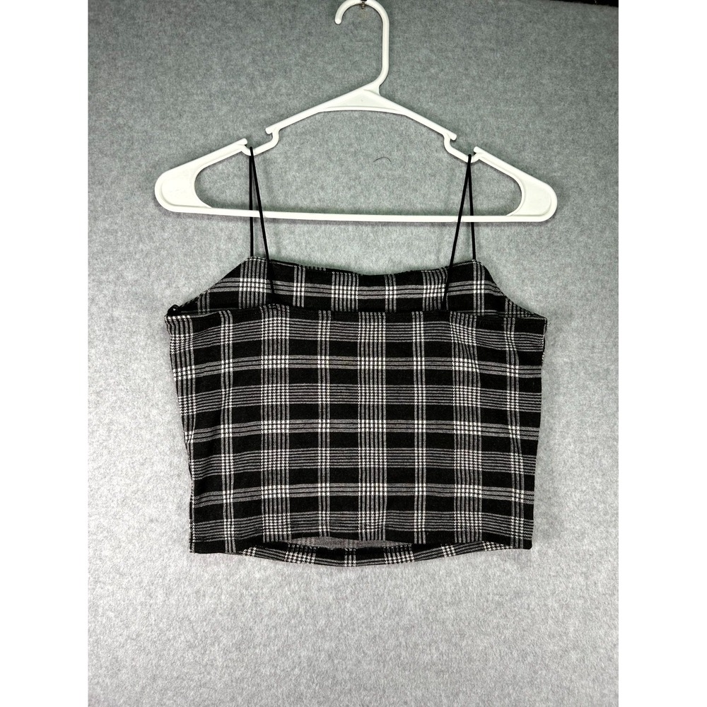 Papaya Cami Top Womens Large Black White Plaid Stretch Spaghetti Strap Cropped